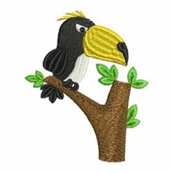 Vibrant toucan with yellow beak on a tree branch, surrounded by lush green leaves. Playful tropical design.