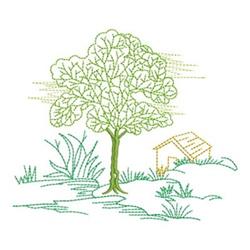 Tree in simple line art style with detailed green leaves, a small house, and grassy elements.
