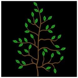 Stylized tree with twisting brown branches and bright green leaves on dark background in a modern design.