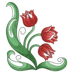 Decorative red tulips bloom with intricate petal details and flowing green leaves, showcasing a spring floral arrangement.
