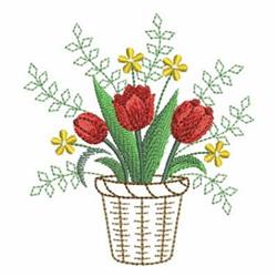 Whimsical tulip pot with vibrant red tulips, green leaves, and cheerful yellow flowers, perfect for spring decor.