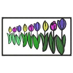 Colorful tulips in purple, yellow, and pink with green leaves, framed by a black border, perfect for spring.