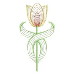 Stylized tulip with soft pink and yellow shades, elegant green stems, spring design.