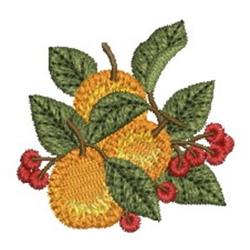 Applique two ripe oranges surrounded by vibrant green leaves and red berries, showcasing a colorful summer motif.