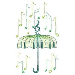 Playful umbrella with green stripes surrounded by lively musical notes, perfect for spring-themed projects.