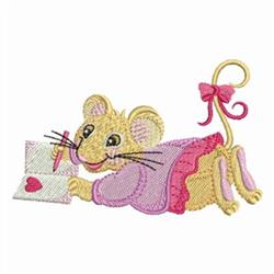 Cute mouse in a pink dress with a pink bow, holding a heart letter for Valentine's Day, playful design.