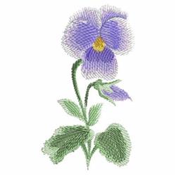 Realistic violet flower with soft purple petals, yellow center, and green leaves in colorful embroidery.