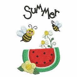 Playful watermelon slice design with cheerful bees, yellow flower, and daisies, perfect for summer decor.