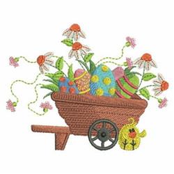 Applique green wheelbarrow filled with colorful Easter eggs and daisies, with a yellow chick, celebrating spring.