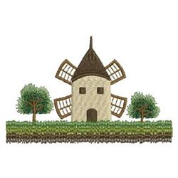 Whimsical windmill with pointed roof and open sails, framed by two stylized trees on grassy patch.