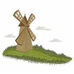Windmill scene with whimsical wooden textures and large blades, set on a grassy mound beneath soft clouds.