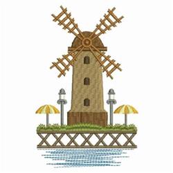 Colorful windmill with angled blades, flanked by bright yellow umbrellas, on a summer dock scene.