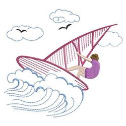 Vibrant windsurfer with pink sail amid ocean waves and fluffy clouds, capturing playful summer energy.