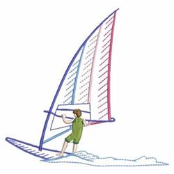 Playful windsurfer rides waves with a vibrant red and blue striped sail, perfect for summer fun.