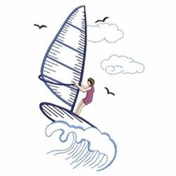 Playful windsurfer on vibrant waves with a colorful sail, surrounded by clouds and seagulls in a summer scene.