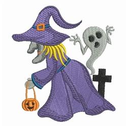 Colorful witch in a purple robe holding an orange pumpkin bucket beside a gray ghost, Halloween themed.