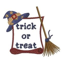 Whimsical witch hat with stars in blue and beige, above a scroll saying 'trick or treat,' and a broom, perfect for Halloween.