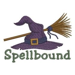 Playful purple witch hat with a black band and gold buckle, paired with a broomstick, features green 'Spellbound' text, perfe