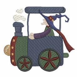 Whimsical witch driving a colorful train with steam puffs, perfect for Halloween-themed decor.