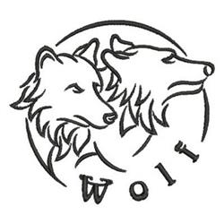 Minimalist wolf heads outline in circular design, featuring bold 'WOLF' text below, perfect for modern decor.