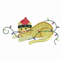 Cheerful yellow cat in a red and black striped hat, wrapped in colorful lights for a playful holiday theme.