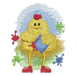 Applique yellow chick holding a paint bucket with blue and green splatters, playful design for spring and Easter.