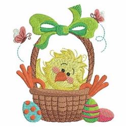 Cheerful yellow chick in a basket with a green bow, surrounded by colorful Easter eggs and butterflies, perfect for spring.