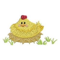 A cute yellow chick with a red comb perches on a nest surrounded by green grass, perfect for Easter decor.