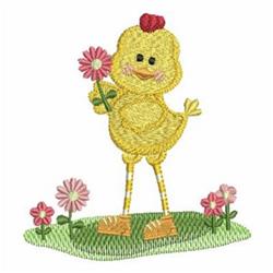 Cheerful yellow chick holding a flower, surrounded by daisies and green grass, in a playful spring scene.