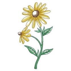 Yellow daisies with vibrant petals bloom atop slender green stems, accented by lush leaves in a cheerful, simple design.