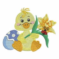 Playful yellow duckling with a flower in its beak beside a decorated Easter egg, in a cheerful cartoon style.