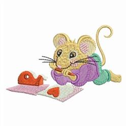 Applique yellow mouse in a purple and green outfit, playing with red cheese on heart-patterned paper.