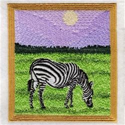 Zebra grazing with vibrant black and white stripes on lush green grass under a purple sky, sunlit scenery.