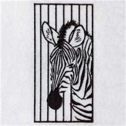 Zebra head with distinctive black and white stripes in black line art style against vertical stripes background.
