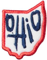 Ohio state shape patch with a red outline, blue lettering, and white background, featuring bold minimalism.