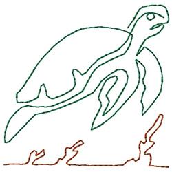 Minimalistic turtle outline in green with flowing lines and brown wave elements, perfect for nature-inspired decor.