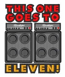 Amplifier stack featuring bold black amplifiers, four speaker grilles, and the phrase 'THIS ONE GOES TO ELEVEN!' in red and y
