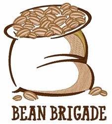 Playful bean container design showcasing curvy shapes, a lid of coffee beans, and bold 'BEAN BRIGADE' text.