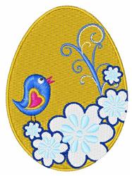 Playful blue bird with heart detail, surrounded by white flowers on a vibrant yellow egg-shaped background for Easter.