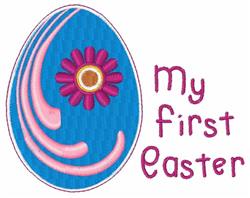 Colorful blue Easter egg with a pink flower and playful 'my first Easter' text, perfect for festive celebrations.