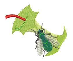 Colorful bug on a vibrant green leaf, featuring whimsical details and playful red line accents.
