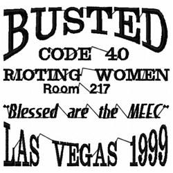 Bold typography featuring layered text 'BUSTED', 'CODE 40', and 'RIOTING WOMEN' in black and white.