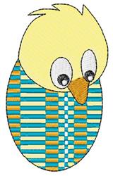 Cartoonish chick with big eyes on a colorful striped egg for Easter, featuring vibrant blue, teal, and orange hues.