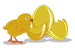 Cheerful cartoon chick with a playful expression next to a shiny yellow broken egg shell, perfect for Easter.