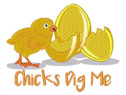 Playful yellow chick with a cheerful expression stands next to cracked eggshell, featuring 'Chicks Dig Me' text for Easter fu