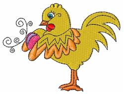 Playful cartoon chicken with yellow feathers holding a colorful egg, perfect for Easter quilting.