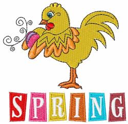 Cheerful yellow chicken balancing on one leg, holding a pastel Easter egg, with colorful 'SPRING' letters below.