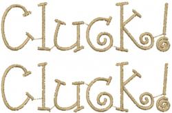 Playful script text 'CLUCK!' with whimsical swirls, soft beige color, perfect for kitchen decor.