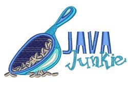 Playful coffee scoop design filled with coffee beans and 'JAVA Junkie' text in vibrant blues, perfect for kitchen decor.