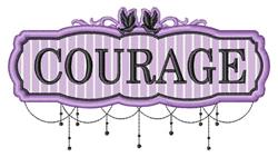 Courage framed in black against a light purple striped background, adorned with floral decorations and beads.